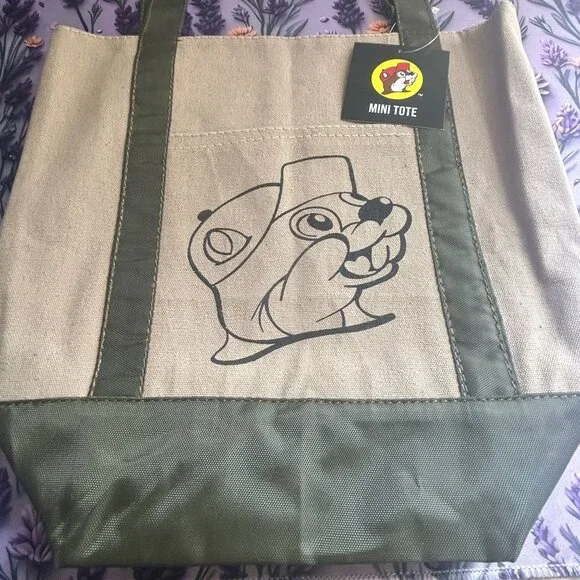 Buc-ees Mini Tote Bag Canvas Green Handles & Beaver Logo - NEW with Tags - Picture 2 of 6